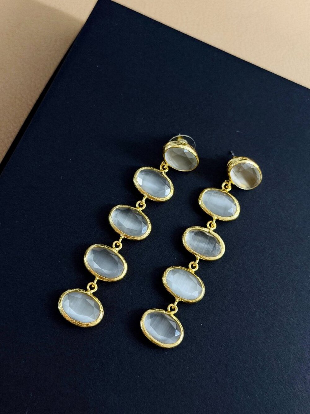 MARLYN SCHIFF - Gold Silver Milky Quartz Dangle Earrings Iridescent White Stones